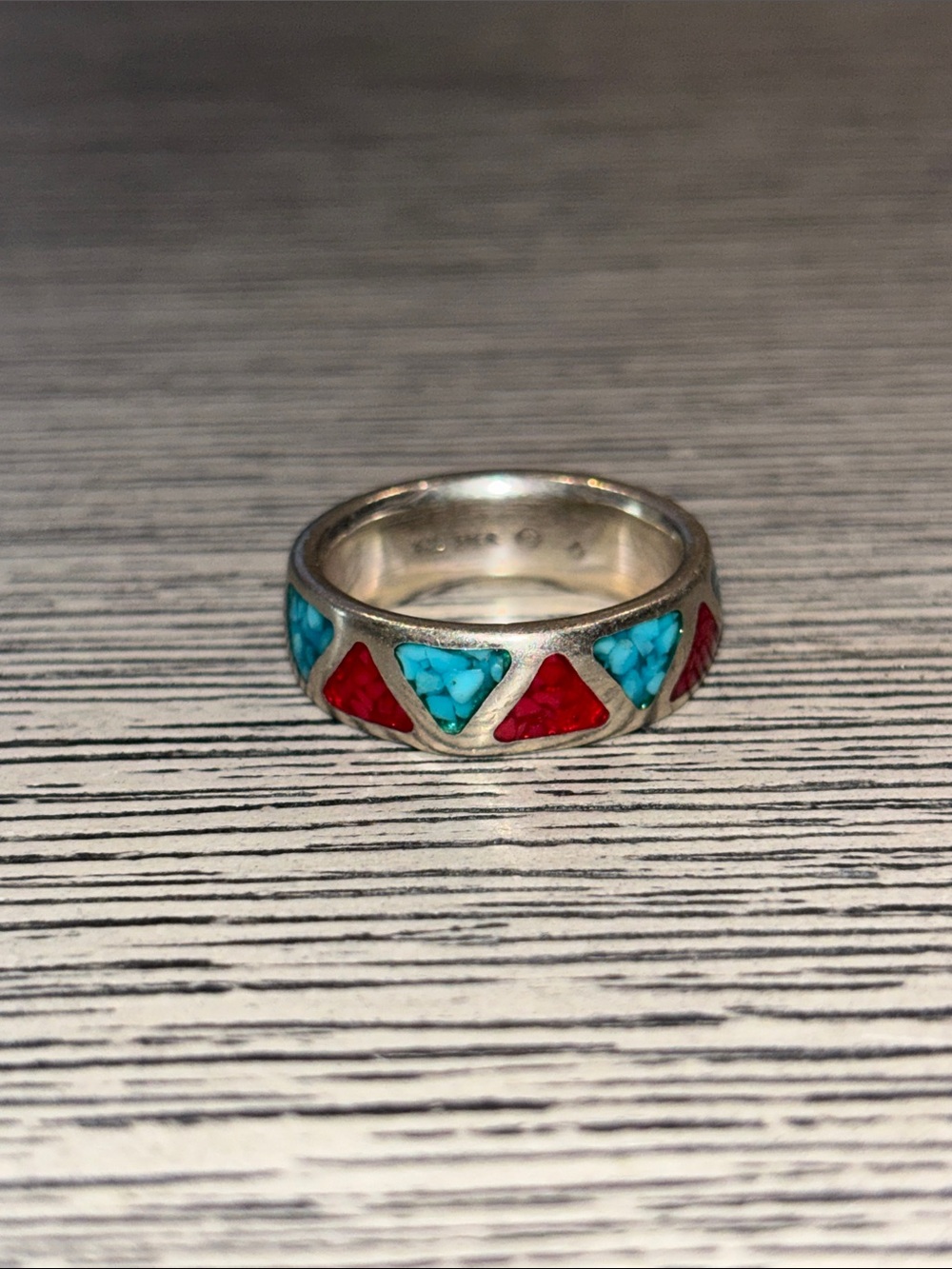 Sterling Silver Turquoise & Red Spiny Oyster Inlay Ring